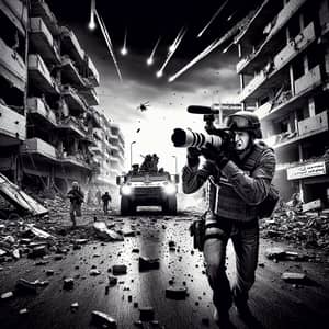 Courageous Journalist in War-Torn Street | Black and White Photo