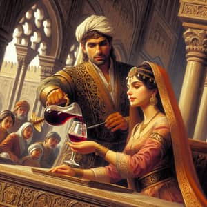 Medieval Scene: South Asian Woman Filling Goblet for Hispanic Man