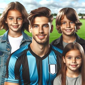 Professional Soccer Player with Three Children in Blue and Black Striped Uniform