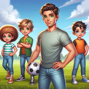 Popular Soccer Player with Children on Grass Field