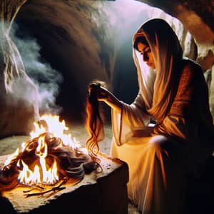 Middle-Eastern Woman Burning Hair in Cave