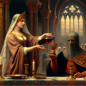 Medieval Castle Feast with Elegant Woman Pouring Wine