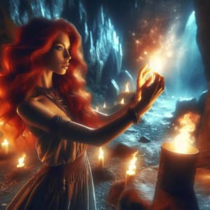 Fiery Red-Haired Woman in Mystical Cave - Magical Digital Painting