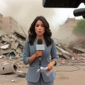 Hispanic Female Journalist Reporting from Dusty Conflict Zone