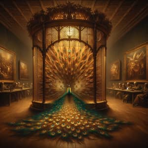 Radiant Peacock in Golden Cage: Captivating Atmosphere of Mystery