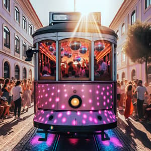 Vibrant Disco Scene in Pink Streetcar | Historic Setting Turned Dance Party
