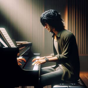 Black-Haired Musician Playing Piano | Cool East Asian Demeanor