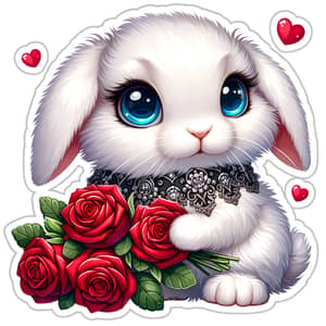 Fluffy White Rabbit Stickers with Red Roses | Cute Design