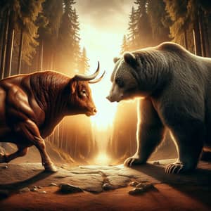 Bull & Bear Symbolic Standoff in Forest - Market Dynamics Display