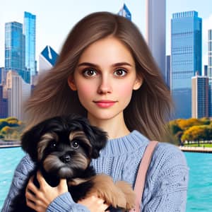 Caucasian Woman with Dog in Chicago Cityscape
