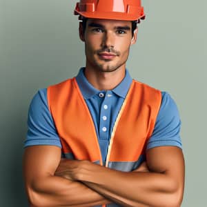 Hispanic Construction Worker in Blue Polo Shirt with Orange Safety Vest