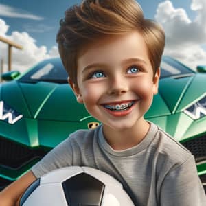 Excited 9-Year-Old Boy with Soccer Ball on Luxury Green Car