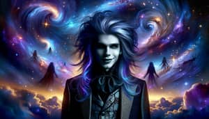 Gothic Villain with Blue and Purple Iridescent Hair in Cosmic Setting