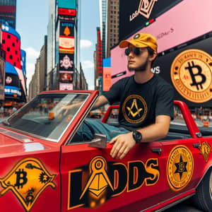 Man Driving Red Car with Bitcoin and Dollar Logos in Times Square