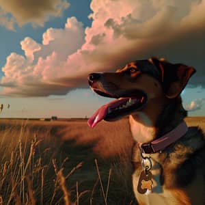 Dog in Grassy Field with Sunset Background