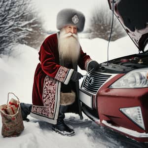 Russian Winter Costume Elderly Man Repairing Lexus Car
