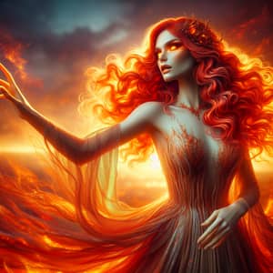 Captivating Goddess with Fiery Red Hair | Majestic Sunset Scene