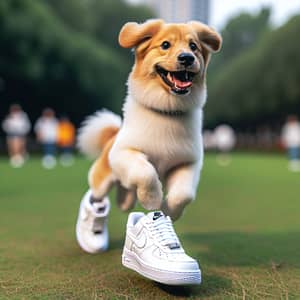 Energetic Mixed Breed Dog Sporting White Nike Airforce 1 Sneakers Outdoors