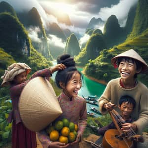Serene Scene in Vietnamese Mountains with Local Children