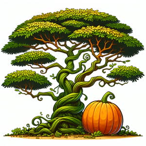 Colorful Acacia Tree with Ripe Pumpkin - Whimsical Cartoon Illustration