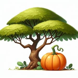 Whimsical Acacia Tree Illustration with Pumpkin | Bright and Cartoon Style
