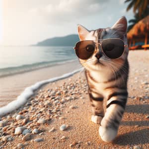 Cat with Sunglasses Strolling on Beach
