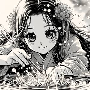 South Asian Girl Playing with Water - Expressive Manga Aesthetics