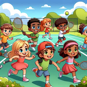 Joyful Kids Tennis Game with Diverse Group | Fun & Action-Packed Scene