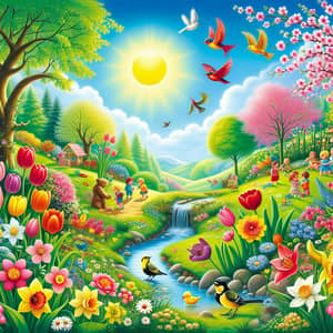 Vibrant Spring Season Illustration: Flowers, Birds, and Children
