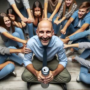 Distraught Young Caucasians in Circle with Bald Man Smiling