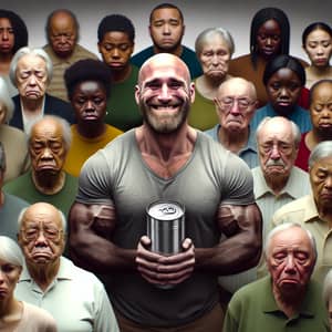 Diversity Embraced: Smiling Bald Man Amidst Melancholic Crowd