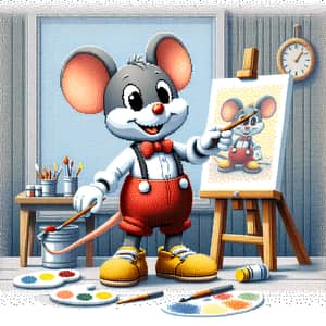 Cartoon Mouse Pointillism Painting in Artist's Studio