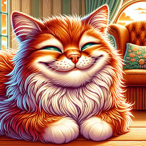 Smiling Cat Illustration: Contented Grin & Emerald Green Eyes