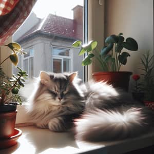 Fluffy Grey Domestic Cat Lounging in Sunlit Window Sill