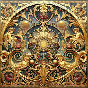 Golden Art Nouveau Style Painting with Oil and Gold Leaf on Canvas