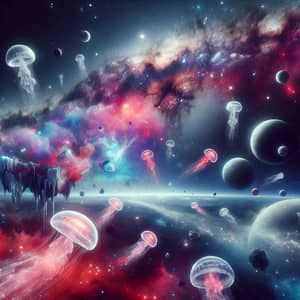 Surreal Cosmos: Vibrant Galaxy Scene with Surrealistic Elements