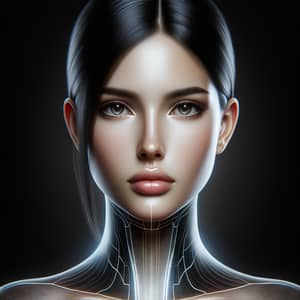 Realistic and Futuristic Image of Woman with Black Hair and Fair Skin