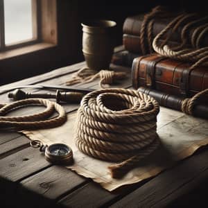 Neatly Coiled Natural Fibers Rope on Rustic Table