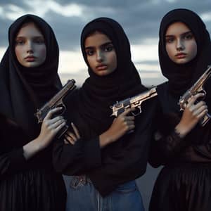 Empowering Diversity: Confident Girls in Hijabs with Antique Firearms