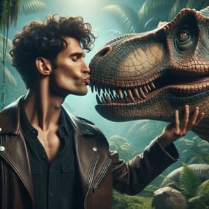 Charismatic Man Kisses Tyrannosaurus Rex in Thrilling Jungle Scene