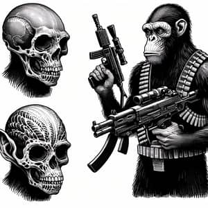 Otherworldly Primate Skull Creature with Machine Gun Illustration