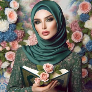 Beautiful Muslim Woman with Angelina Jolie-like Features in Green Hijab