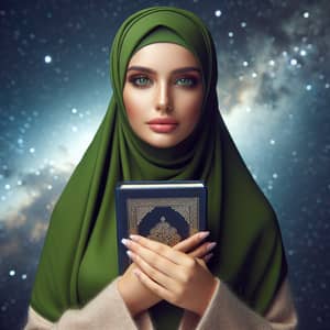 Beautiful Muslim Woman with Green Eyes in Green Hijab