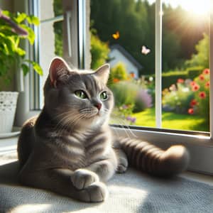 Adorable Grey Cat Enjoying Sunlit Windowsill | Serene Garden View