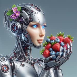 Futuristic Female Robot with Berries | Silver Metal Droid Art