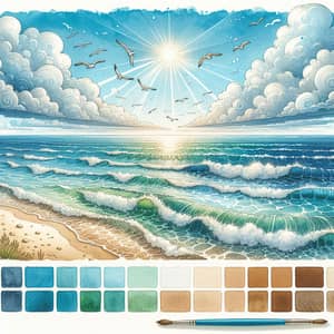Ocean Watercolor Painting: Waves, Seagulls, Sun Rays