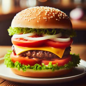 Delicious Hamburger with Grilled Patty, Cheddar Cheese, Lettuce & Tomato