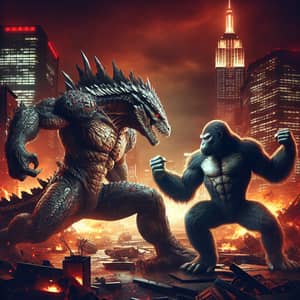 Godzilla vs Kong: Epic Battle in Fiery Cityscape