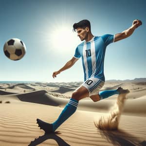 Male Hispanic Football Player Alone in Vast Desert | Exciting Soccer Action