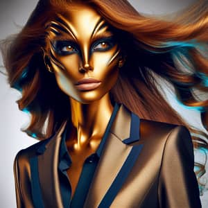 Golden-Skinned Alien Woman in Futuristic Sci-Fi Fashion